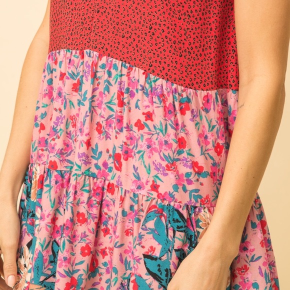 Mystree Red Turquoise Cheetah Floral Mixed Pattern Babydoll Rayon Keyhole Blouse - Picture 11 of 13